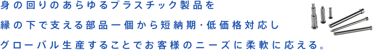 身の回りのあらゆるプラスチック製品を縁の下で支える部品一個から短納期・低価格対応しグローバル生産することでお客様のニーズに柔軟に応える。