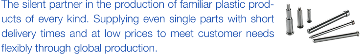 The silent partner in the production of familiar plastic products of every kind. Supplying even single parts with short delivery times and at low prices to meet customer needs flexibly through global production.